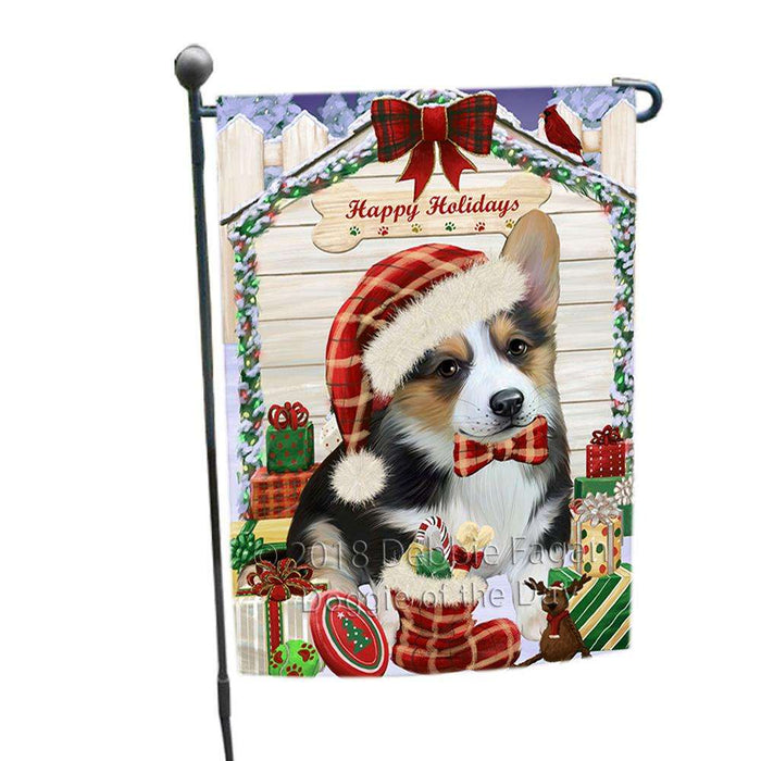 Happy Holidays Christmas Corgi Dog House with Presents Garden Flag GFLG51414