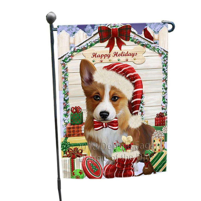 Happy Holidays Christmas Corgi Dog House with Presents Garden Flag GFLG51415