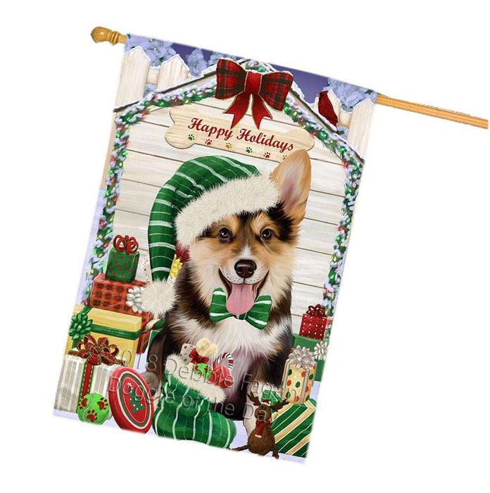 Happy Holidays Christmas Corgi Dog House with Presents House Flag FLG51474