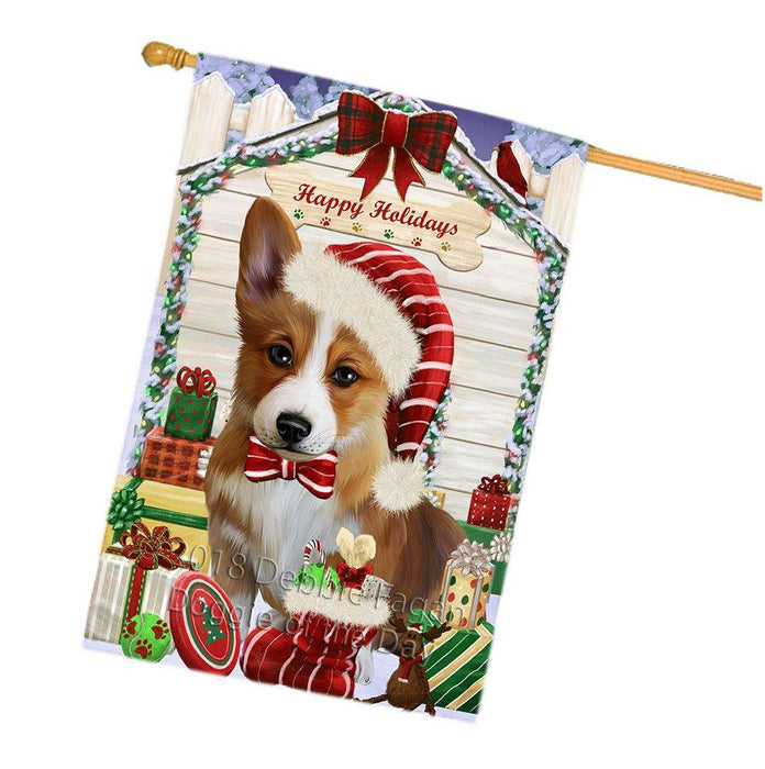 Happy Holidays Christmas Corgi Dog House with Presents House Flag FLG51476