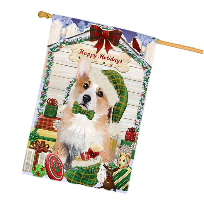 Happy Holidays Christmas Corgi Dog House with Presents House Flag FLG51548