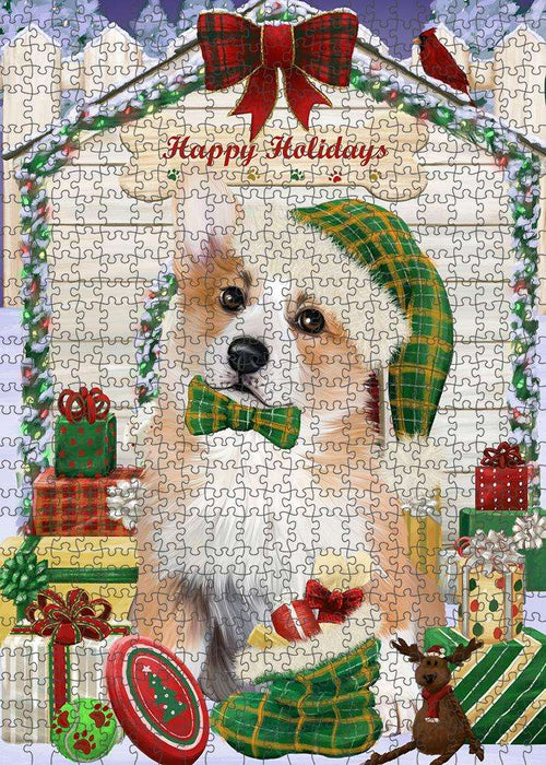 Happy Holidays Christmas Corgi Dog House with Presents Puzzle with Photo Tin PUZL58107