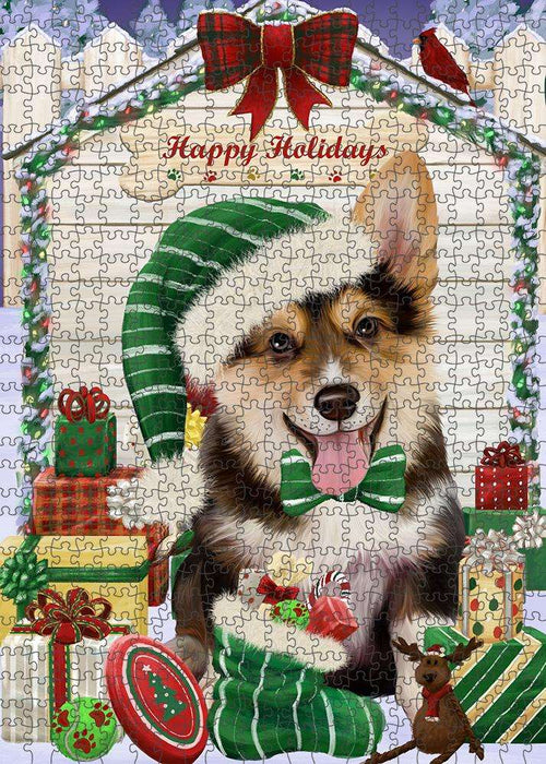 Happy Holidays Christmas Corgi Dog House with Presents Puzzle with Photo Tin PUZL58110