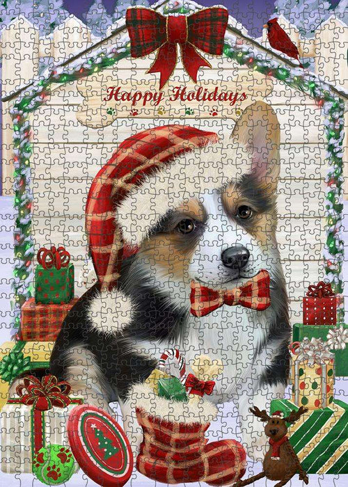Happy Holidays Christmas Corgi Dog House with Presents Puzzle with Photo Tin PUZL58113