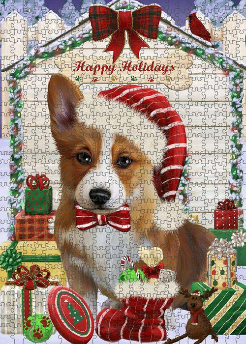 Happy Holidays Christmas Corgi Dog House with Presents Puzzle with Photo Tin PUZL58341