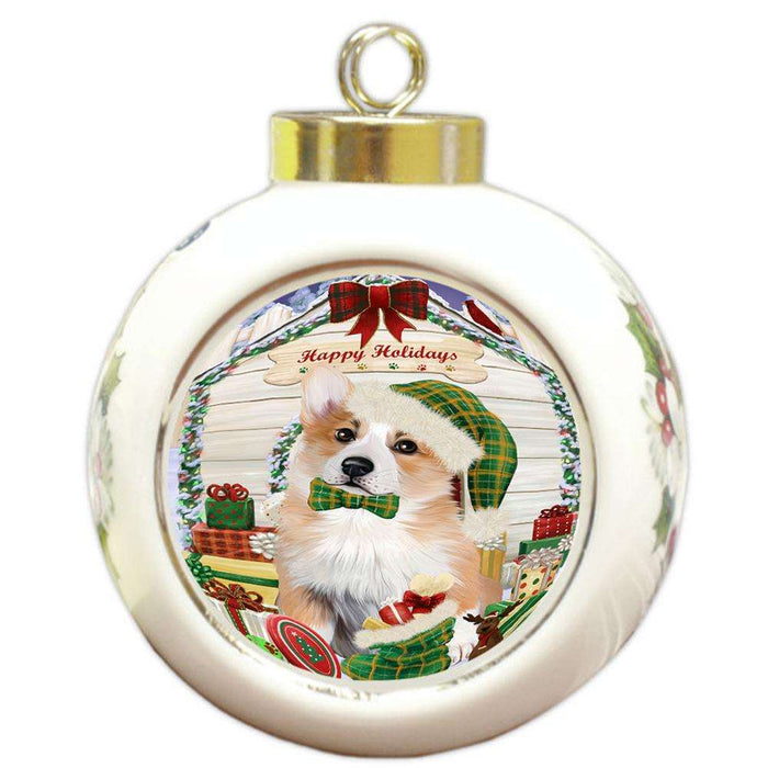 Happy Holidays Christmas Corgi Dog House with Presents Round Ball Christmas Ornament RBPOR51400