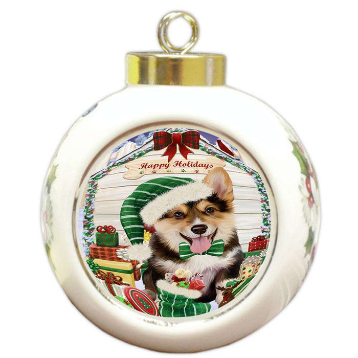 Happy Holidays Christmas Corgi Dog House with Presents Round Ball Christmas Ornament RBPOR51401