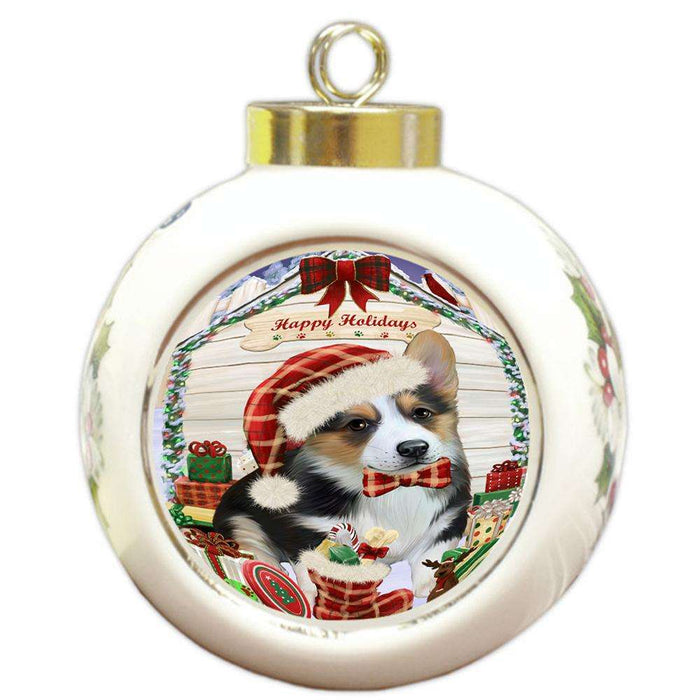 Happy Holidays Christmas Corgi Dog House with Presents Round Ball Christmas Ornament RBPOR51402