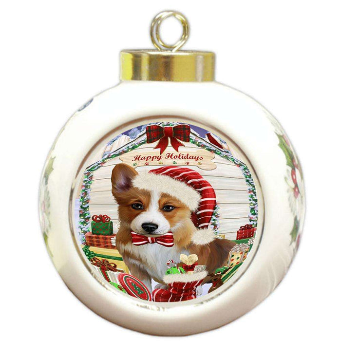 Happy Holidays Christmas Corgi Dog House with Presents Round Ball Christmas Ornament RBPOR51403