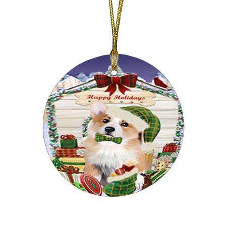Happy Holidays Christmas Corgi Dog House with Presents Round Flat Christmas Ornament RFPOR51391