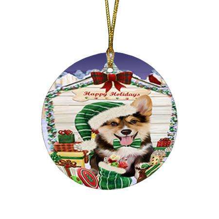 Happy Holidays Christmas Corgi Dog House with Presents Round Flat Christmas Ornament RFPOR51392