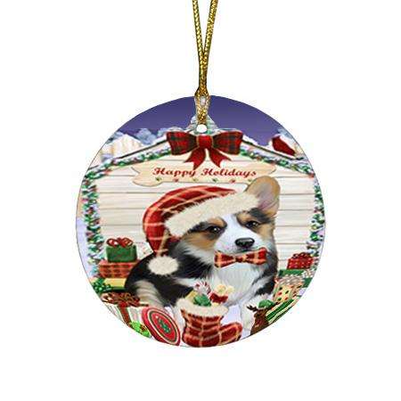 Happy Holidays Christmas Corgi Dog House with Presents Round Flat Christmas Ornament RFPOR51393