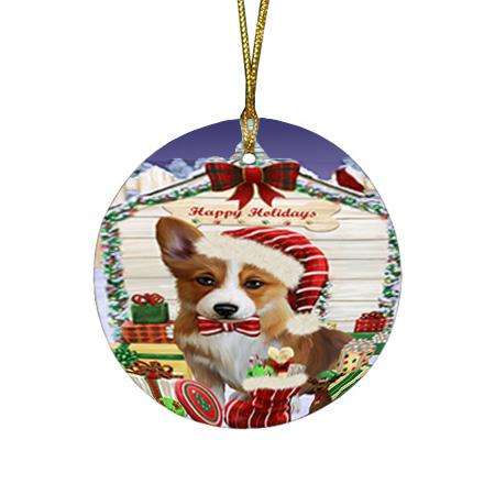 Happy Holidays Christmas Corgi Dog House with Presents Round Flat Christmas Ornament RFPOR51394
