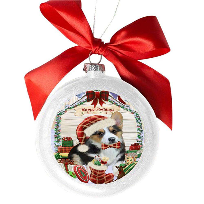 Happy Holidays Christmas Corgi House With Presents White Round Ball Christmas Ornament WBSOR49848