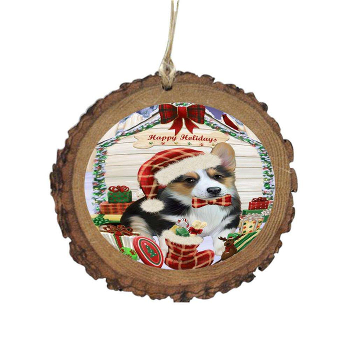 Happy Holidays Christmas Corgi House With Presents Wooden Christmas Ornament WOR49848