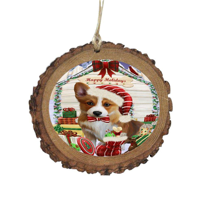 Happy Holidays Christmas Corgi House With Presents Wooden Christmas Ornament WOR49849