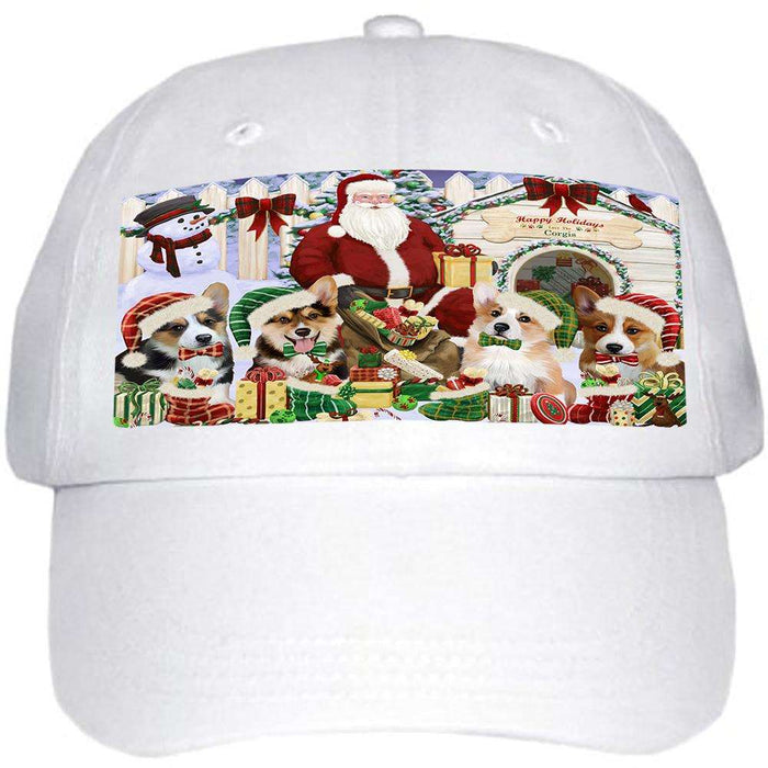 Happy Holidays Christmas Corgis Dog House Gathering Ball Hat Cap HAT58077