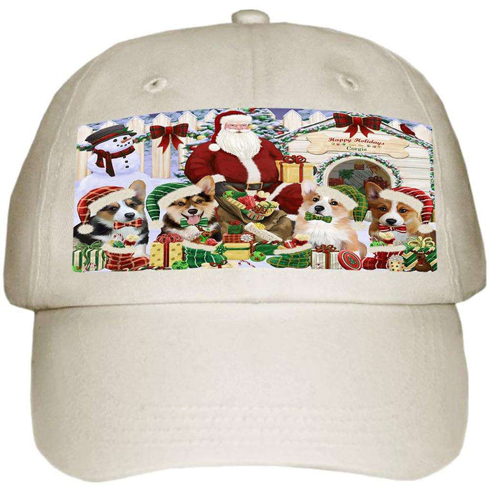 Happy Holidays Christmas Corgis Dog House Gathering Ball Hat Cap HAT58077