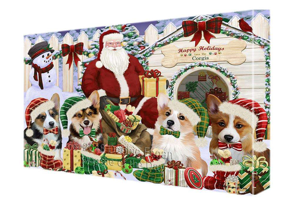 Happy Holidays Christmas Corgis Dog House Gathering Canvas Print Wall Art Décor CVS79082