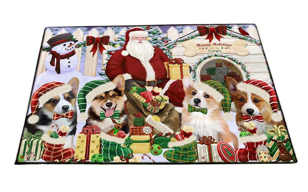 Happy Holidays Christmas Corgis Dog House Gathering Floormat FLMS51099