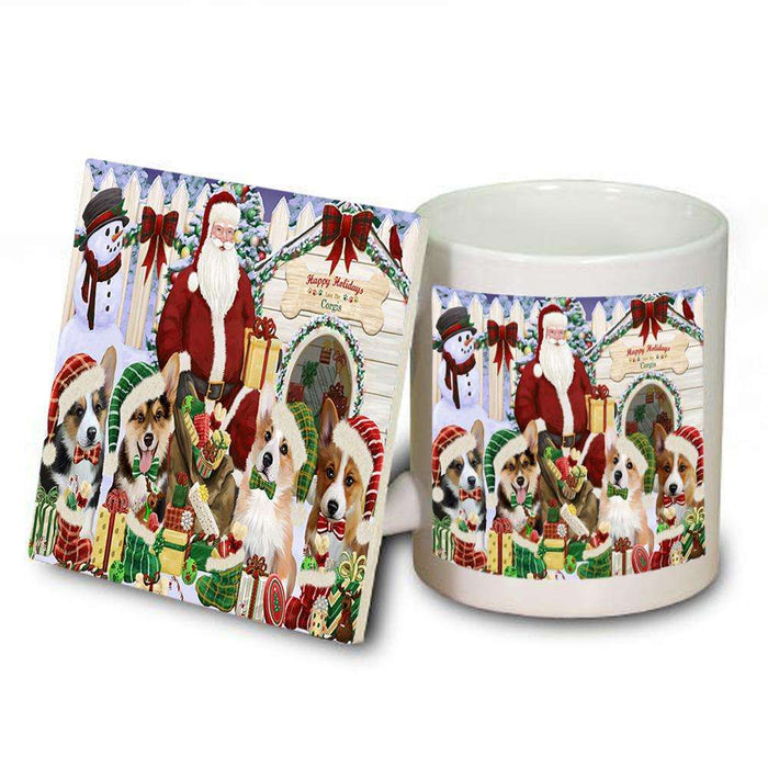 Happy Holidays Christmas Corgis Dog House Gathering Mug and Coaster Set MUC51440
