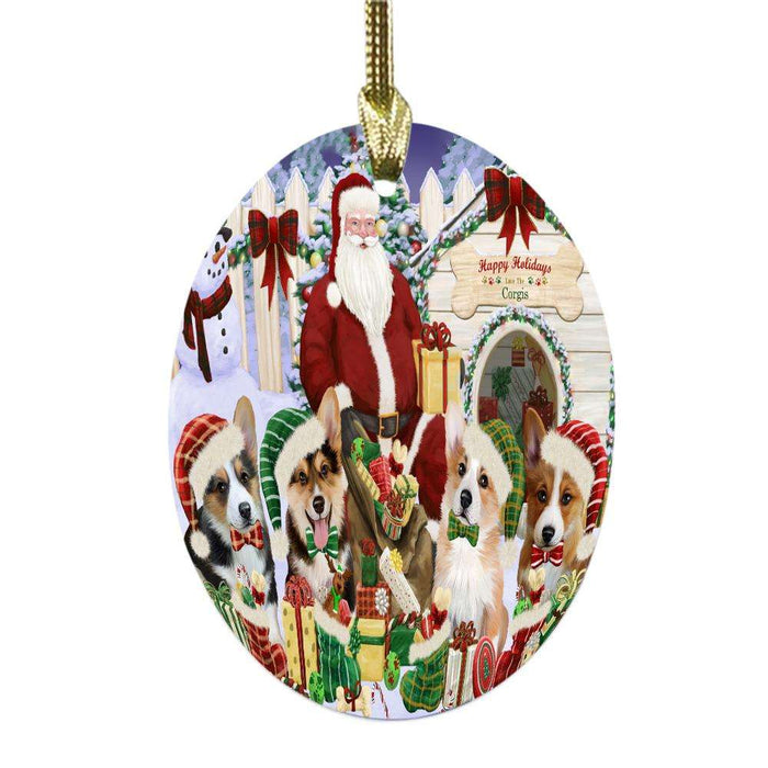 Happy Holidays Christmas Corgis Dog House Gathering Oval Glass Christmas Ornament OGOR49698