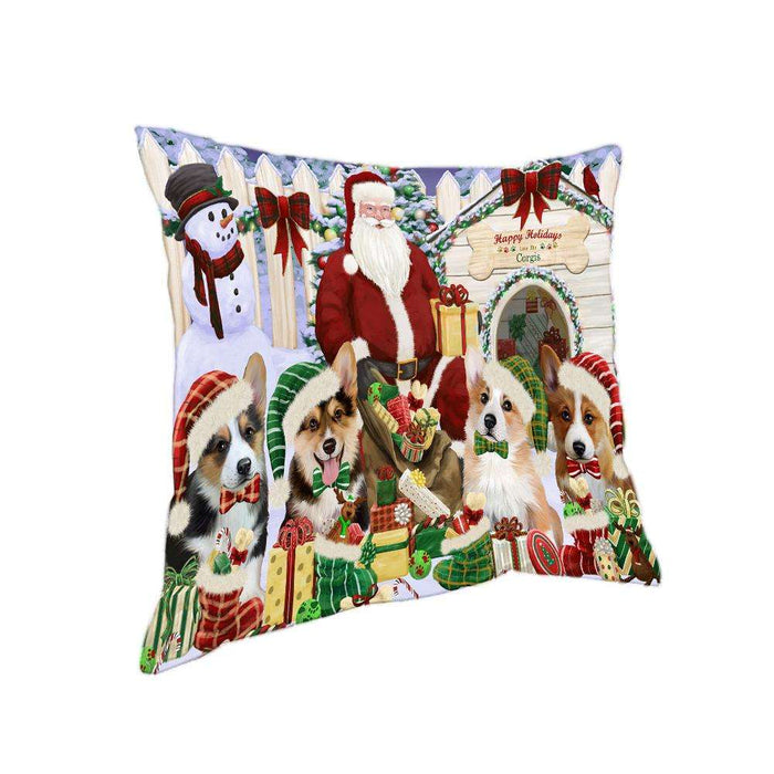 Happy Holidays Christmas Corgis Dog House Gathering Pillow PIL61616