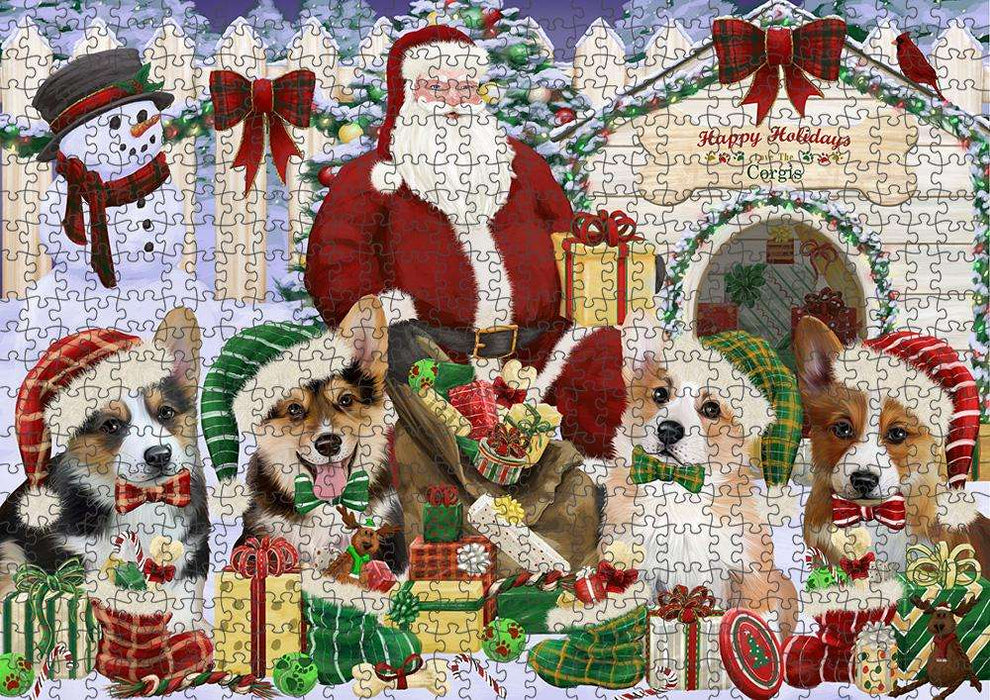 Happy Holidays Christmas Corgis Dog House Gathering Puzzle with Photo Tin PUZL58026