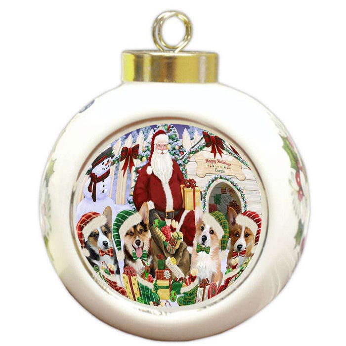 Happy Holidays Christmas Corgis Dog House Gathering Round Ball Christmas Ornament RBPOR51448