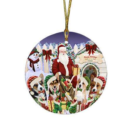 Happy Holidays Christmas Corgis Dog House Gathering Round Flat Christmas Ornament RFPOR51439