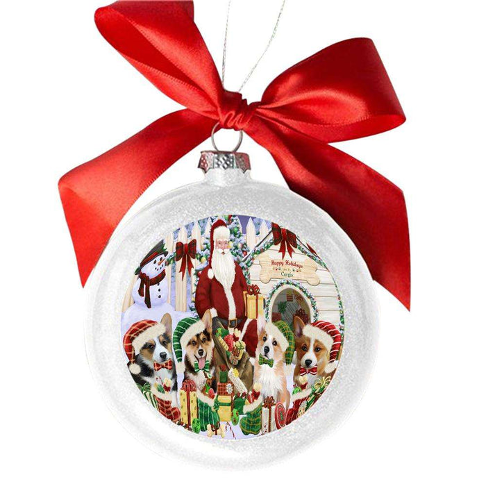Happy Holidays Christmas Corgis Dog House Gathering White Round Ball Christmas Ornament WBSOR49698