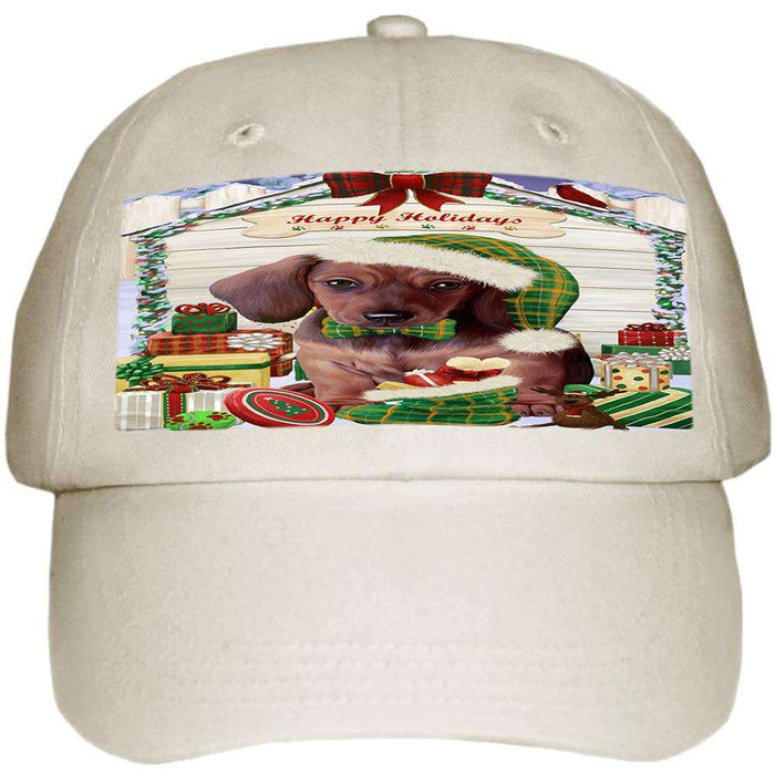 Happy Holidays Christmas Dachshund Dog House with Presents Ball Hat Cap HAT57873