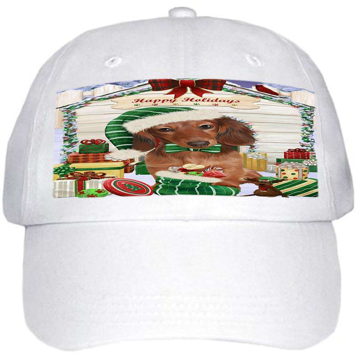 Happy Holidays Christmas Dachshund Dog House with Presents Ball Hat Cap HAT57876