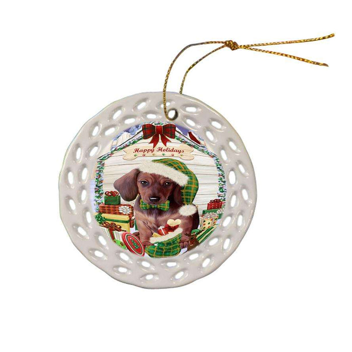 Happy Holidays Christmas Dachshund Dog House with Presents Ceramic Doily Ornament DPOR51380