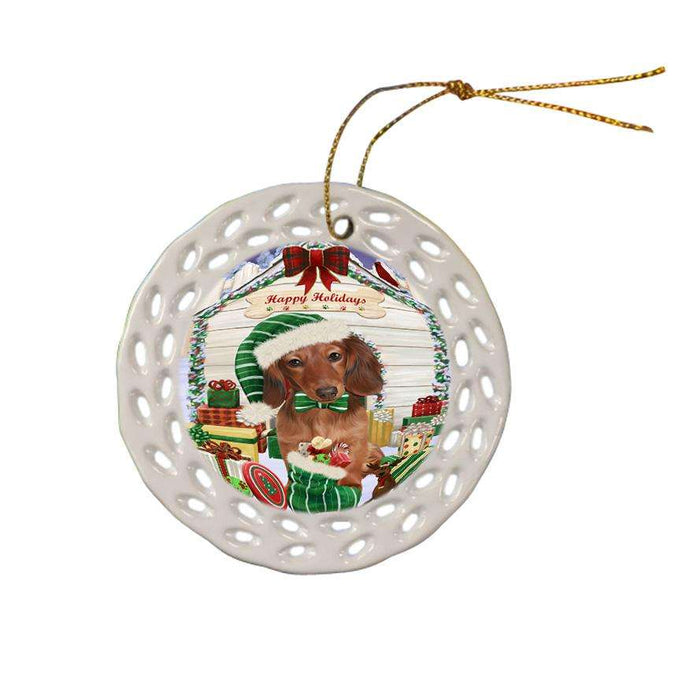 Happy Holidays Christmas Dachshund Dog House with Presents Ceramic Doily Ornament DPOR51381