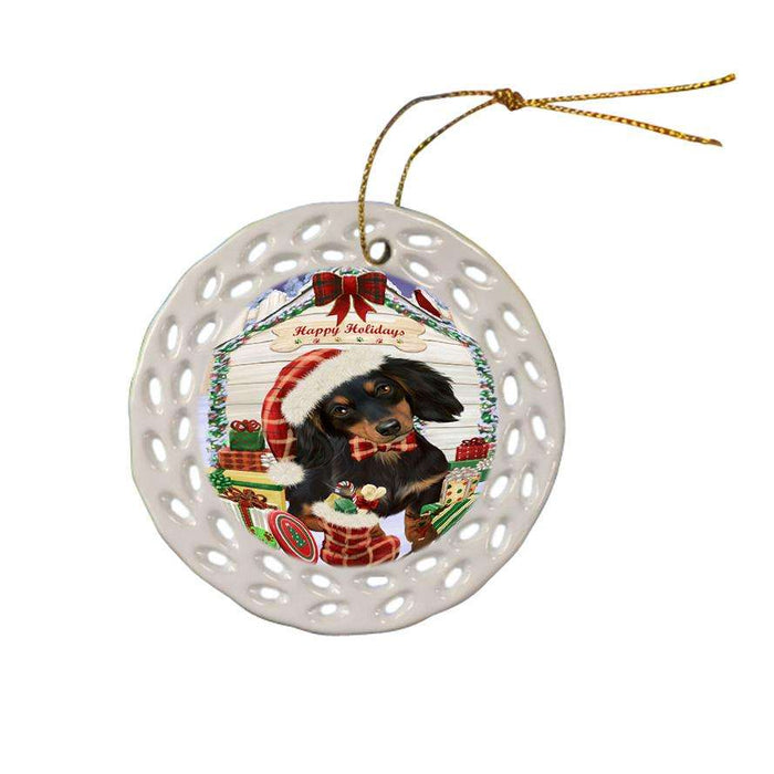 Happy Holidays Christmas Dachshund Dog House with Presents Ceramic Doily Ornament DPOR51382