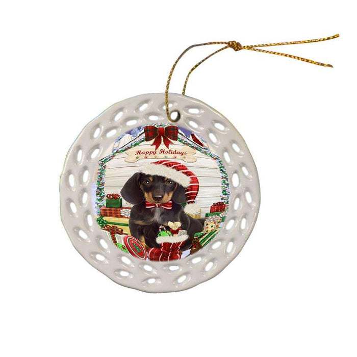 Happy Holidays Christmas Dachshund Dog House with Presents Ceramic Doily Ornament DPOR51383