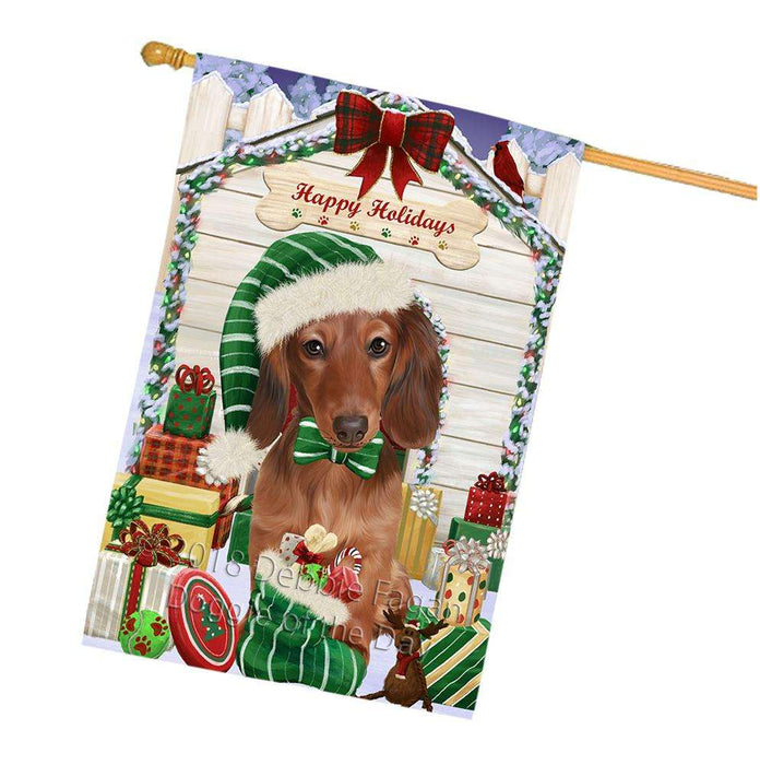 Happy Holidays Christmas Dachshund Dog House with Presents House Flag FLG51439