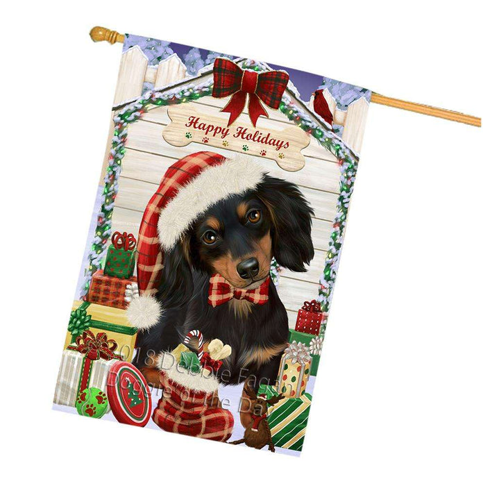 Happy Holidays Christmas Dachshund Dog House with Presents House Flag FLG51440