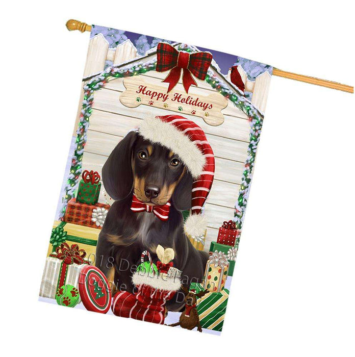 Happy Holidays Christmas Dachshund Dog House with Presents House Flag FLG51441