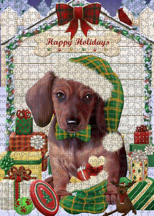 Happy Holidays Christmas Dachshund Dog House with Presents Puzzle with Photo Tin PUZL58002