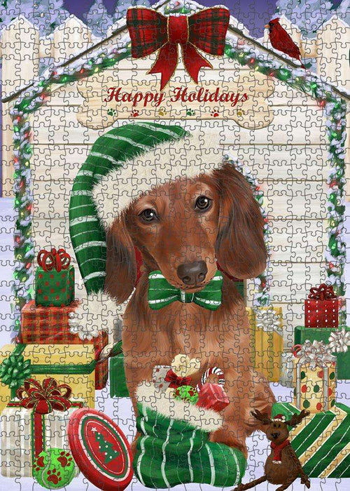 Happy Holidays Christmas Dachshund Dog House with Presents Puzzle with Photo Tin PUZL58005