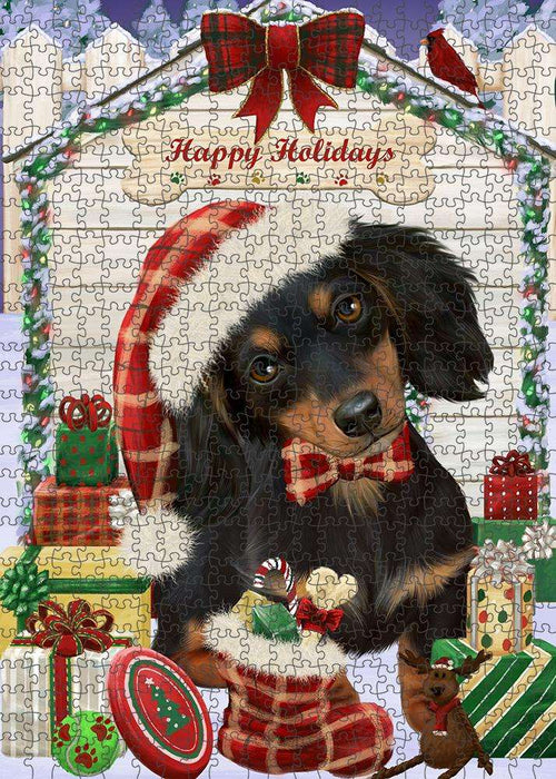 Happy Holidays Christmas Dachshund Dog House with Presents Puzzle with Photo Tin PUZL58008