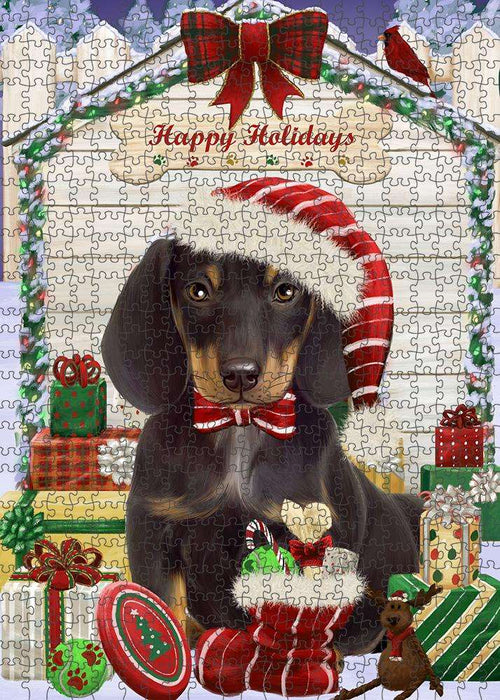 Happy Holidays Christmas Dachshund Dog House with Presents Puzzle with Photo Tin PUZL58011