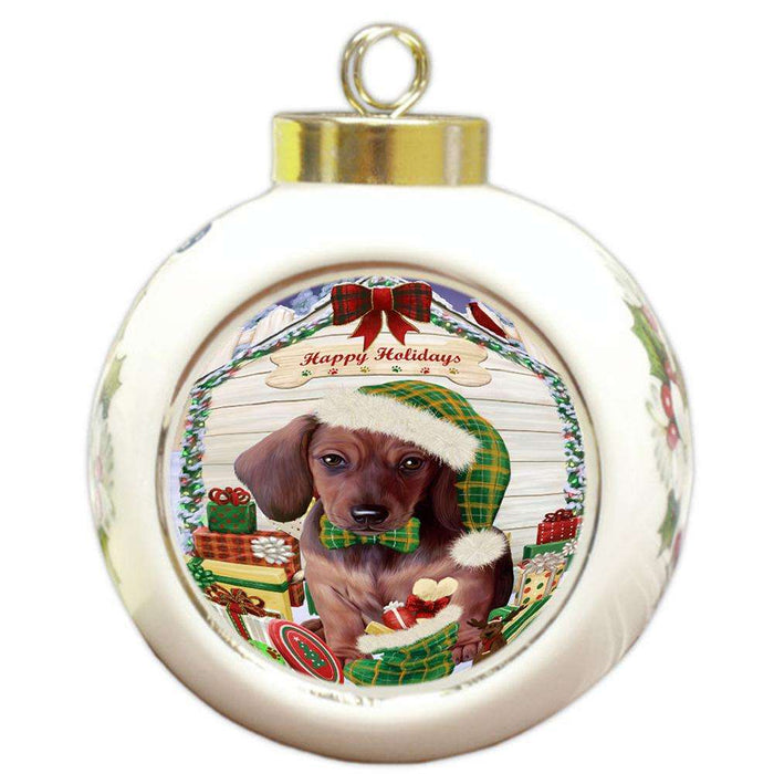 Happy Holidays Christmas Dachshund Dog House with Presents Round Ball Christmas Ornament RBPOR51380