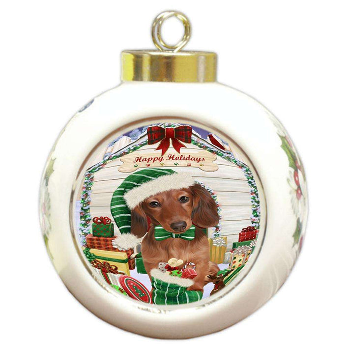 Happy Holidays Christmas Dachshund Dog House with Presents Round Ball Christmas Ornament RBPOR51381