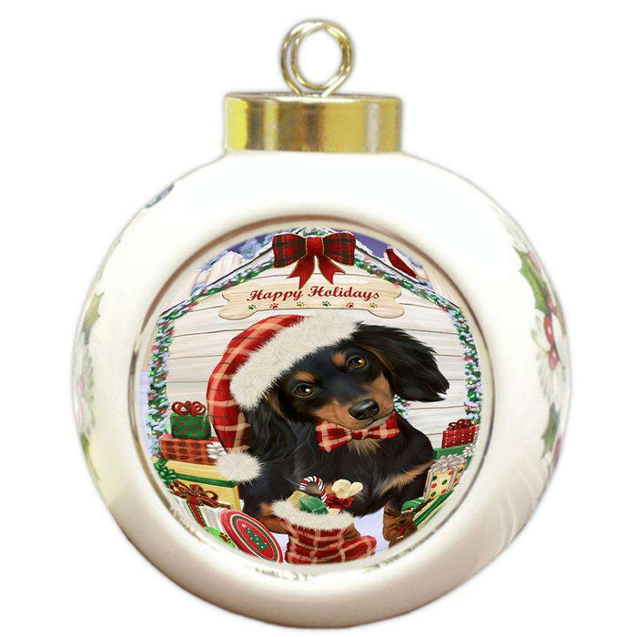 Happy Holidays Christmas Dachshund Dog House with Presents Round Ball Christmas Ornament RBPOR51382