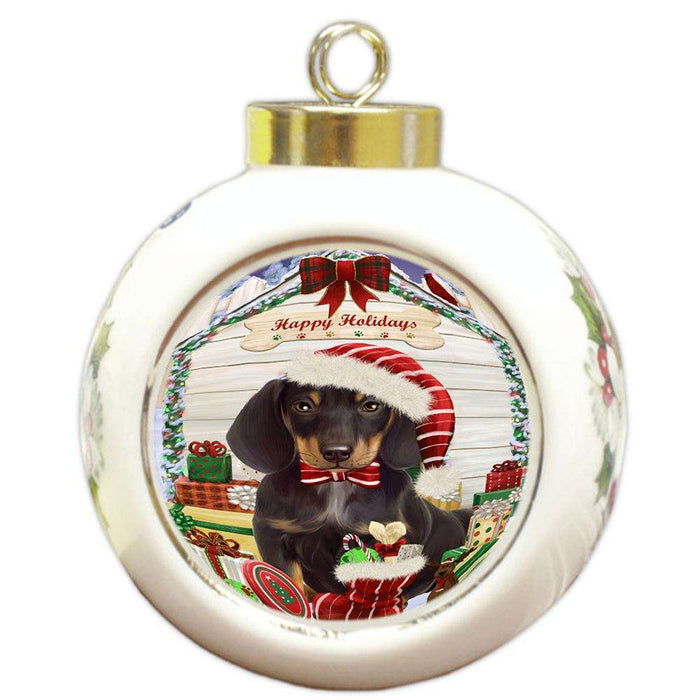 Happy Holidays Christmas Dachshund Dog House with Presents Round Ball Christmas Ornament RBPOR51383