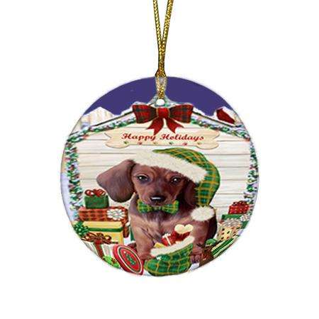 Happy Holidays Christmas Dachshund Dog House with Presents Round Flat Christmas Ornament RFPOR51371