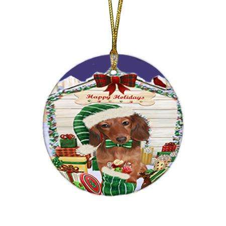 Happy Holidays Christmas Dachshund Dog House with Presents Round Flat Christmas Ornament RFPOR51372